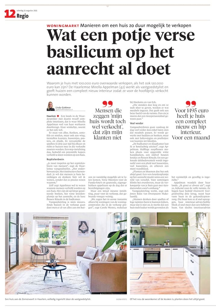 Artikel in Haarlems Dagblad over Huiswerk Vastgoedstyling